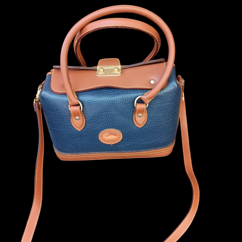 Vintage Dooney & Bourke All-Weather Leather Satchel – Navy & Tan – Iconic 80s